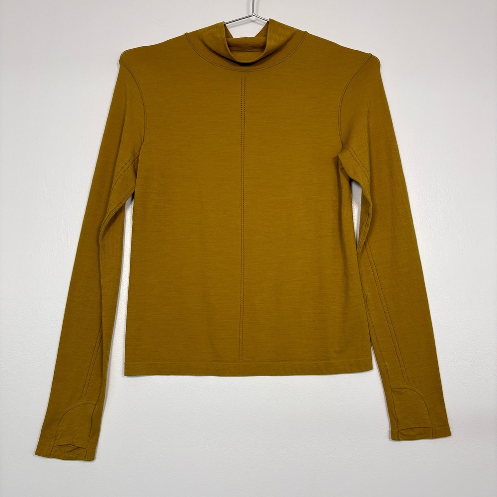 Athleta Women Ascent Seamless Turleneck Top S Mustard Yellow Merino Wool Outdoor